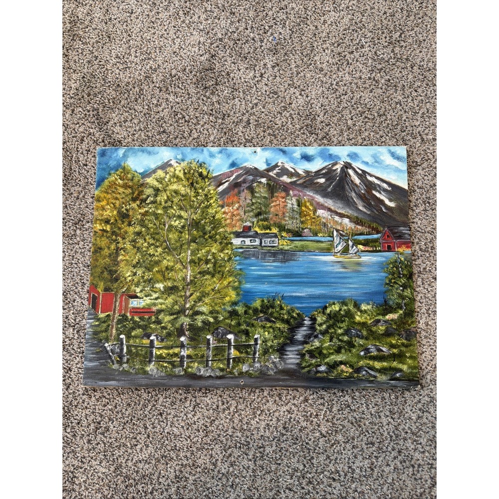 Vtg 1987 Oil Painting On Canvas Board "Summer Place" Maine Lake Mountains 16x12"